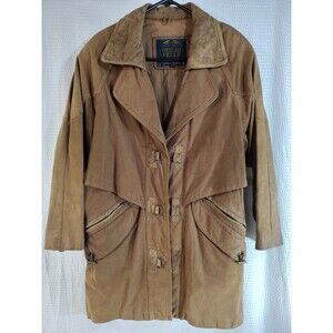 Vintage Otello Pelle Brown Leather Long Car Coat Snaps Pockets M 80s 90s